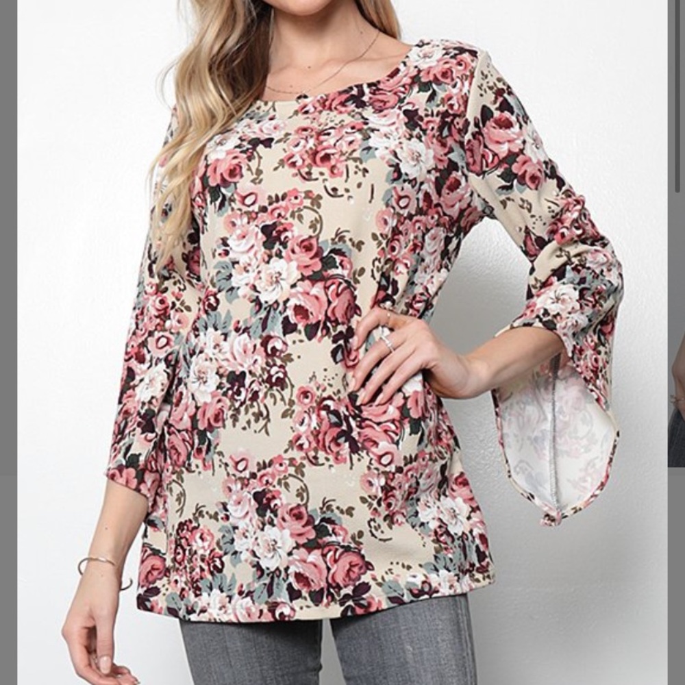 Taupe & Mauve Floral 3/4 Bell-Sleeve Tunic, S